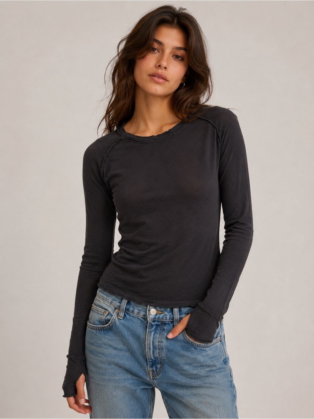 Free People We The Free Long Sleeve Tee Women’s Black Raw Edge Thumb Hole Cotton